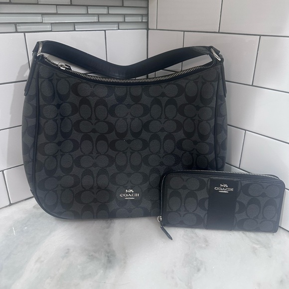 Coach Handbags - Coach Black and Gray Signature Bag and Wallet Set